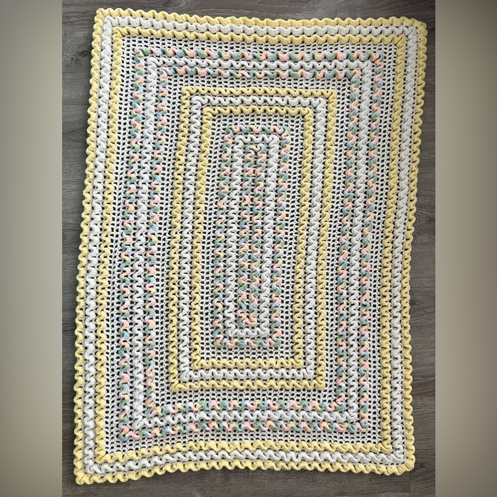 Crocheted Baby Afghan Blanket throw pastel yellow white 52” x 38” - Picture 2 of 3